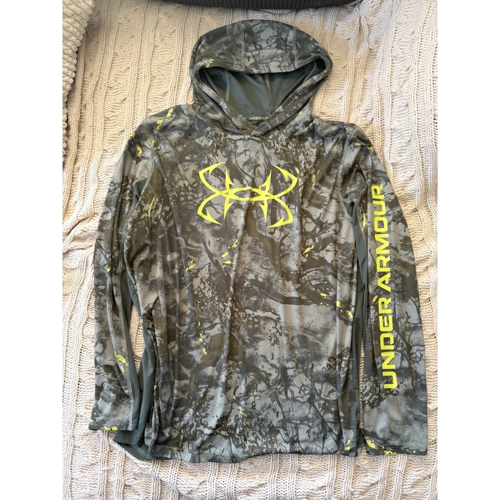 Under Armour Mens 3XL Iso-Chill Fishing Hoodie Grey Lime Camo Fish Hook Logo